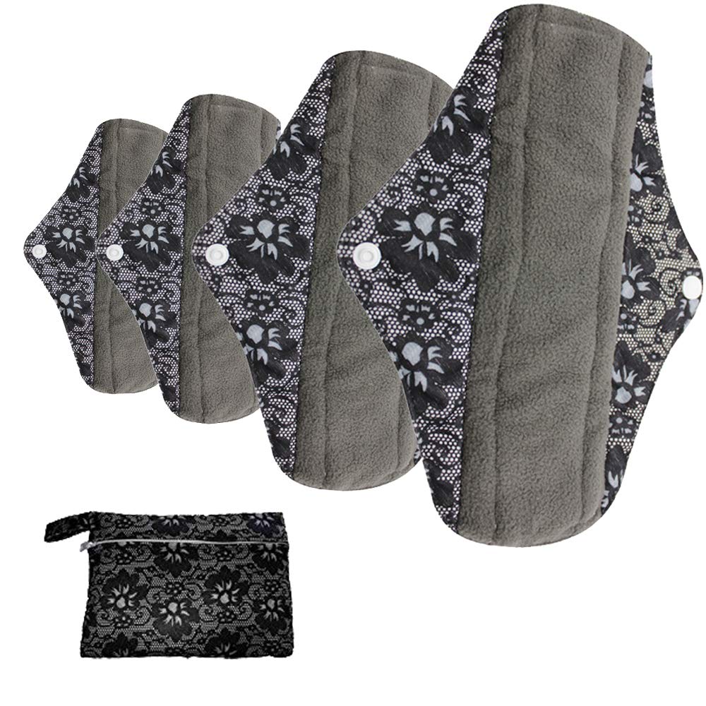 AIYoo Bamboo Charcoal Reusable Cloth Menstrual Pads,4 Pcs Set Washable Panty Liners Mama Cloth for Women,Daily Overnight Sanitary Towel Napkins with Wet Bag,4 Size