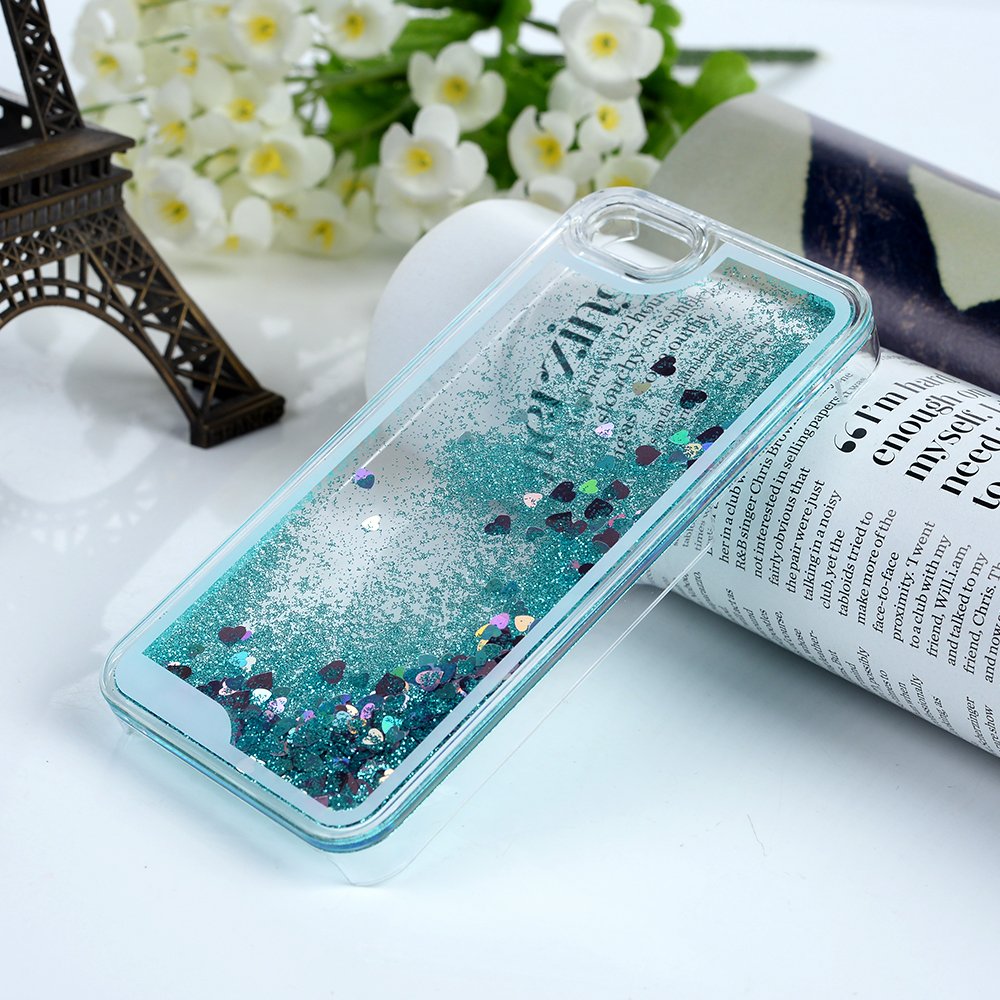 iPhone SE/ 5S/ 5 Case MAXFE.CO Clear Flexible Phone Cover Shiny Glitter Heart Shape Floating Liquid Tiffany Blue Slim Fit Protective Shockproof Anti Scratch Case + Rhinestone Dust Plug + Touch Pen