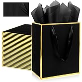 Addblu 28 Pack Bulk Luxury Gift Bags with Handles, Medium Size 9x7x3.15 Inches - Includes 28 Tissue Papers for Wedding, Birthday, Baby Shower, Thanksgiving, Christmas, & Party Favors (Black with Gold Foil Trim)