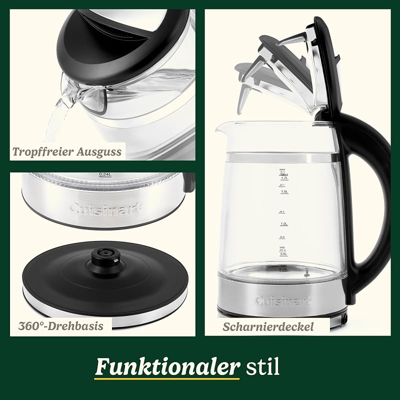 1,7L Glas-Wasserkocher mit variabler Temperaturregelung | 3KW Schnellkochfunktion | Cool-Touch | Doppelwandiges Design | BPA-frei | Tropffreier Ausguss | 360°-Drehbasis