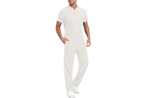 PrinStory Men's Short Sleeve Outfits Waffle Knit Henley Shirt and Pants Set Casual 2 Pieces Summer Tracksuits with Pockets