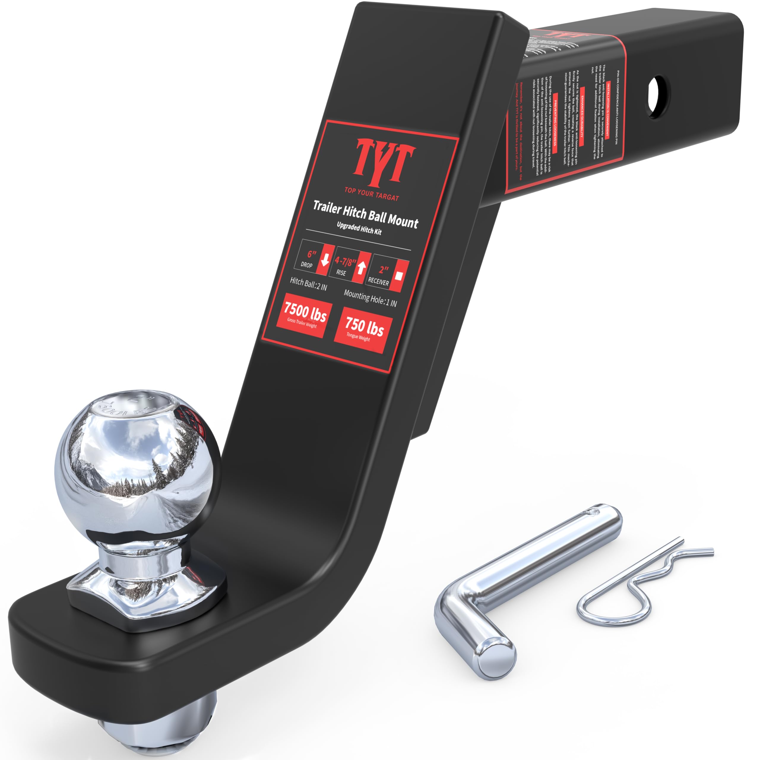 Photo 1 of Tyt Trailer ch Ball Mount Kit, 6-Inch Drop, Fits 2-Inch Receiver, 2-Inch Trailer Ball with 5/8" Hitch Pin Clip, Rated 7,500 lbs GTW / 750 lbs TW