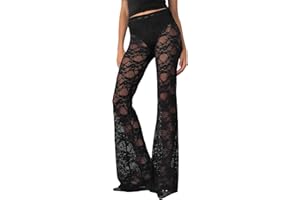 Sunloudy Women Lace Bell Pant Sexy See Through Flare Bottom Leggings Hollow Out Mesh Cover Up Trousers