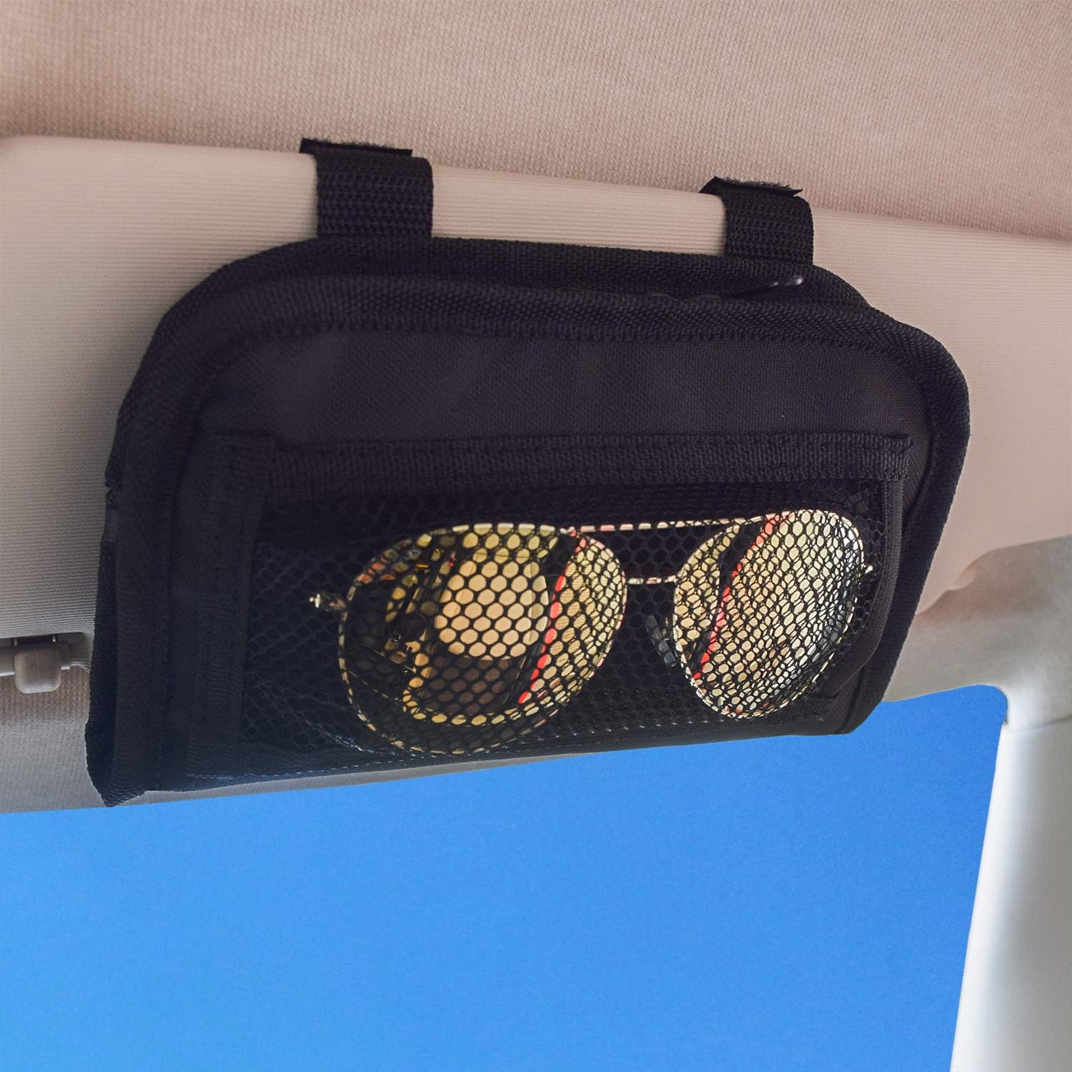 MDSTOP Car Sun Visor Organizer Bag Sunglasses Holder Case Small Things Accessories Storage Pouch Fits for Cars, Trucks, Suvs (Black, 7"×8")