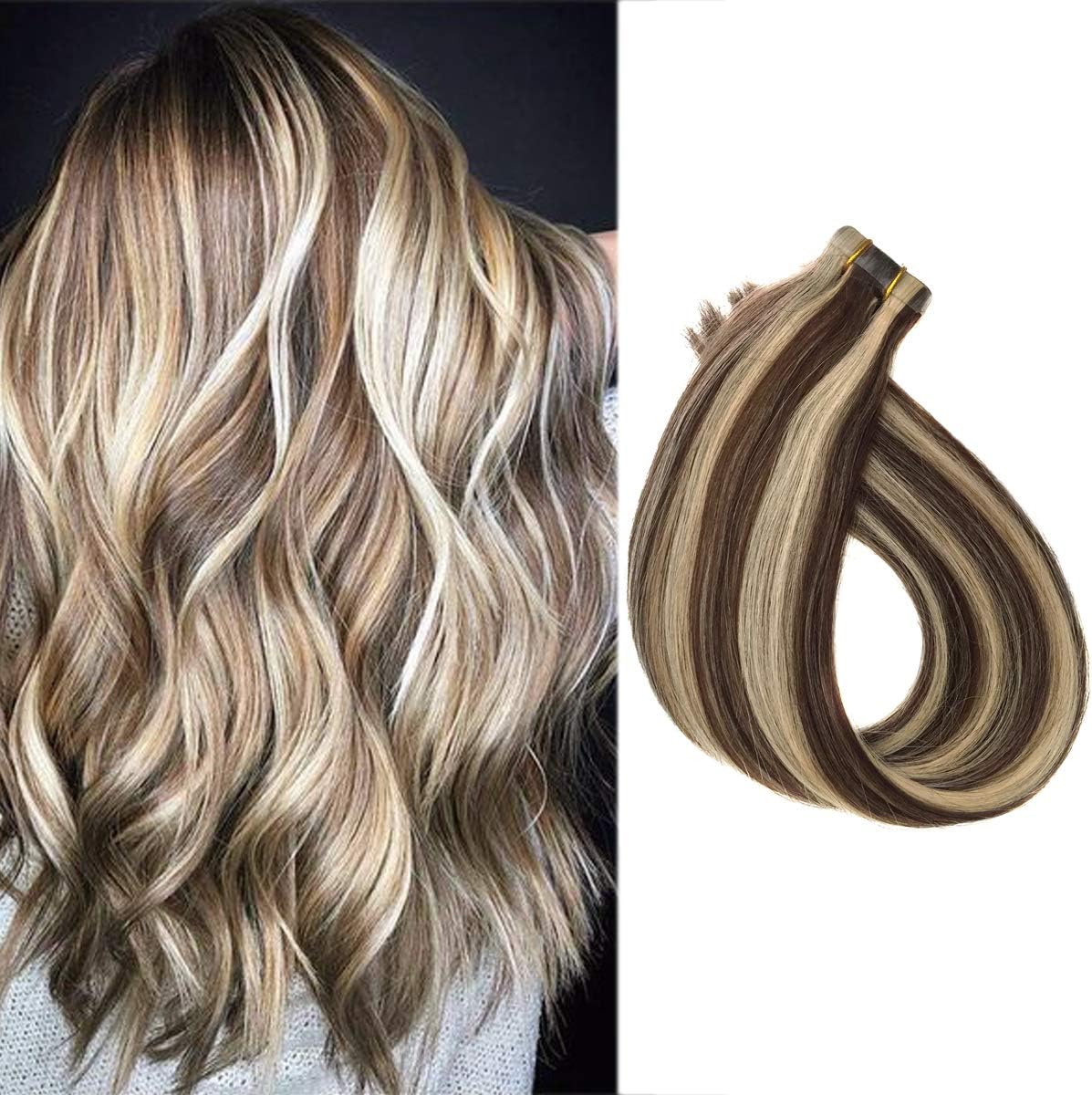 Tape in Human Hair Extensions Blonde Balayage Real Hair Extensions 16 Inch Straight Dark Brown Mixed Bleach Blonde Highlights Tape ins Hair 30grams 20pcs