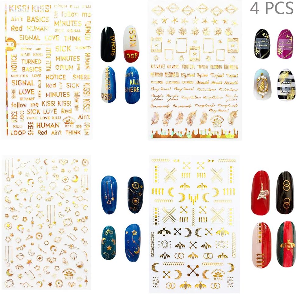 Jurxy 4 Sheets 280 Stickers 3D Bronzing Nail Sticker Gold Nail Art Sticker Shinny Nail Decals Nail Art Tattoo Gold Glitter Adhesive Flower Vine – Gold Moon Star Bee