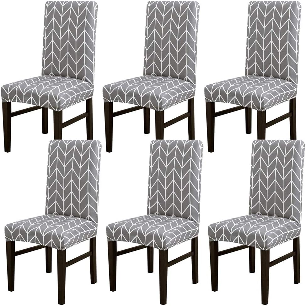 Stretch Dining Chair Covers, Spandex Fabric Fit Washable Removable Short Dining Chair Protector Cover for Dining Room, Hotel, Ceremony,Banquet Wedding Party (Gray Arrow, 6 per Set)