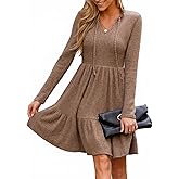 CUPSHE Women's Woven Fall Mini Dress Long Sleeve V Neck Casual Ruffle Sweater Dress