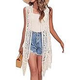 Lace Front Open Sleeveless Top Cardigan Crochet Vest Bikini Cover up Summer Beachwear