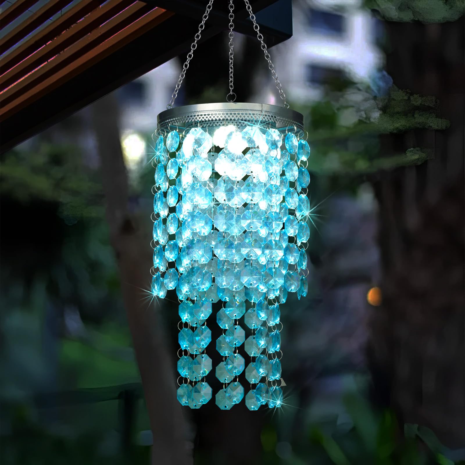 Photo 1 of Hanging Solar Crystal Chandelier Outdoor, 21” Modern Solar Blue Acrylic Beaded Lantern with Cool White LED S Hooks for Garden Yard Patio Gazebo Outside Decor
