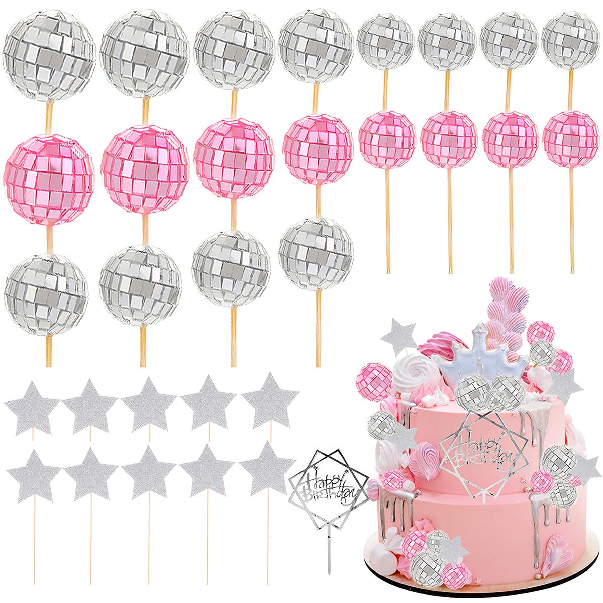 Zosutetoxo 31 Stück Decoration, happy birthday cake topper birthday, Silver Disco Ball Cake Toppers for cakes & party decorations, 31pcs Mini Disco Balls for birthday celebrations