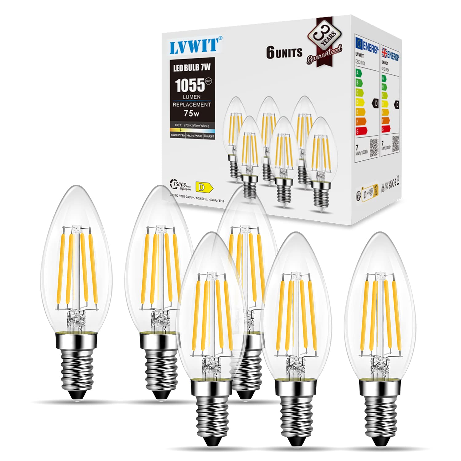 LVWIT 7W E14 Led Candle Bulb,Candle Bulbs Small Screw,E14 Led Light Bulb Warm White,E14 Light Bulb Screw,Hight 1055LM,2700K, Replaces 75W Equivalent,Not-Dimmable(Pack of 6)