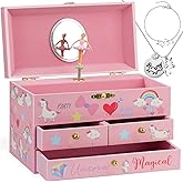 efubaby Musical Jewelry Box for Girls 7.5x4.8x4.5 inch with Spinning Ballerina Unicorn, 3 Pullout Drawers, Unicorn Jewelry Set Included Kids Music Box for Christmas Gift, Waltz of Flowers Tune