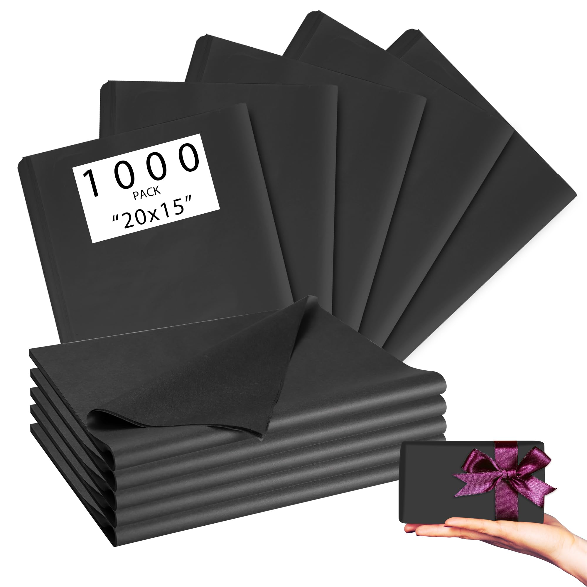Photo 1 of 1000 Sheets 20"X15" Black Tissue Paper Bulk for Gift Bags - Wrapping Tissue Paper for Birthday Weddings Showers Gift Packaging Arts Craft Party Favor Decoration Wrapping Supplies