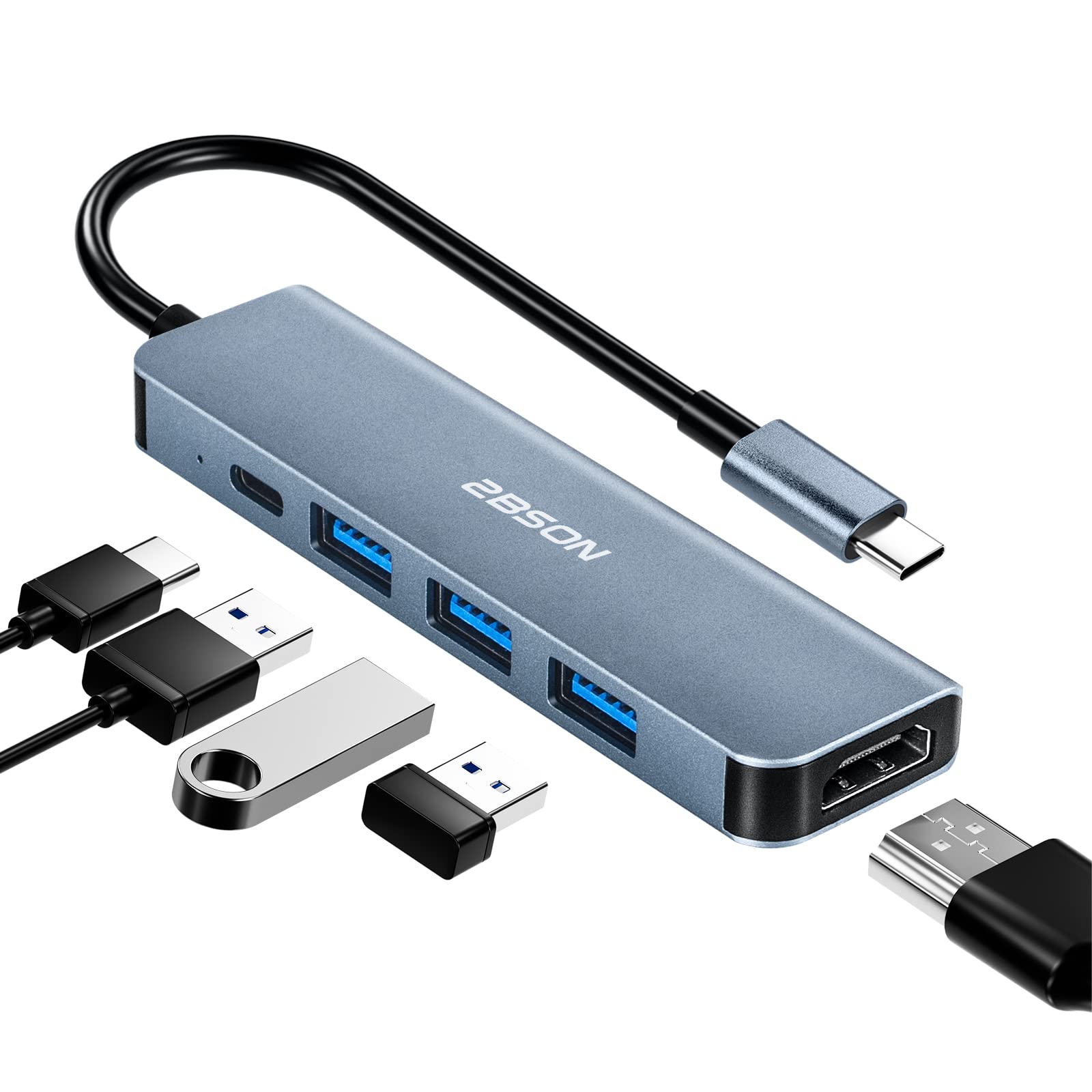 2BSON USB C Hub Adapter 5 in 1 with PD 100W, 4K HDMI, 1 USB-A 3.0, 2 USB-C 2.0, Docking Station Compatible with MacBook, Dell, Surface.