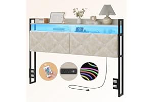 OtterOasis Headboard Queen Size with 2-Tier Open Storage and LED Light, Upholstered Headboard with Charging Station, Height Adjustable Sturdy Queen Bed Head Only for Dorm Bedroom, Easy Assembly, Ivory