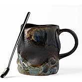 TaoTaojarvie Handmade Ceramic Coffee Mugs, Mugs with Coffee Spoon, 11oz, Handmade Pottery Mug with Handle, Hand-painting, Unique Uneven Surface Tea cups, Dishwasher and Microwave Safe (Coffee Color)