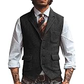 JULUOYIE Men's Herringbone Tweed Suit Vest Lapel Waistcoat | Sleeveless Jacket For Business, Weddings And Formal Events