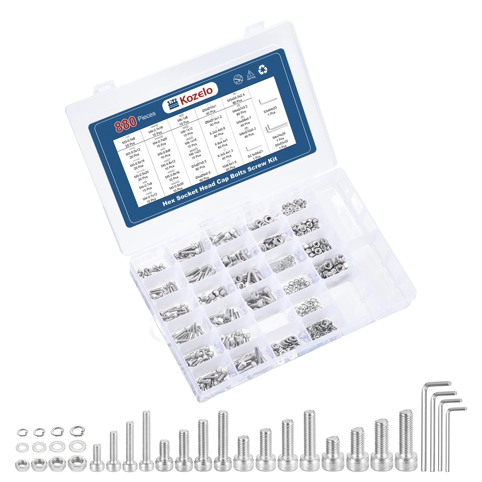Kozelo 880pcs Socket Head Cap Screws Bolts Nuts Assortment Kit - [M3/M4/M5] 304 Stainless Steel Allen Socket Drive for 3D Printer with Allen Wrench