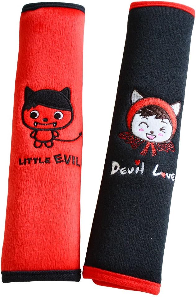 2 Pcs. Black Devil Love and Little Evil Carseat Strap Cover Pad for Babies, Seatbelt Plush Neck Pads Protector for Kids