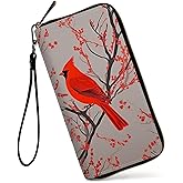 GFRGTFHYT Womens Wallet, Large Capacity RFID Blocking PU Leather Wristlet Wallets for Women Ladies Men Credit Card Holder Zipper Wallet Phone Holder Clutch Travel Purse, Red Cardinal Birds