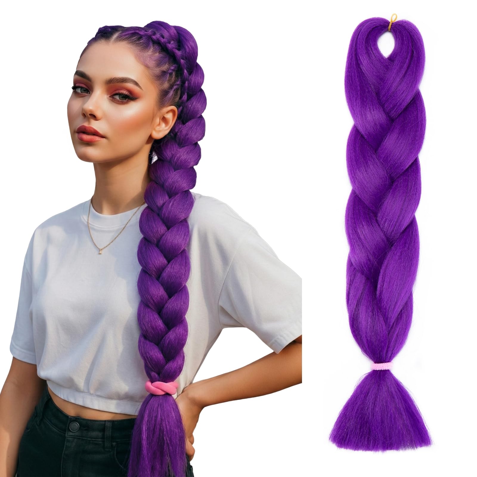 Benehair 24 Inches Braiding Hair Long Braids Extensions Hair Colorful Synthetic Hair for Braid Human Braiding Hair Purple Hair Extensions for Women(Purple, 100g) — image 1