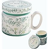 Hikiwin 12.9oz Ceramic Coffee Mug with Lid,Flower Patterned Porcelain Mug,Ceramic Tea Cup Coffee Latte Mug for Office and Home,Green,1 Piece