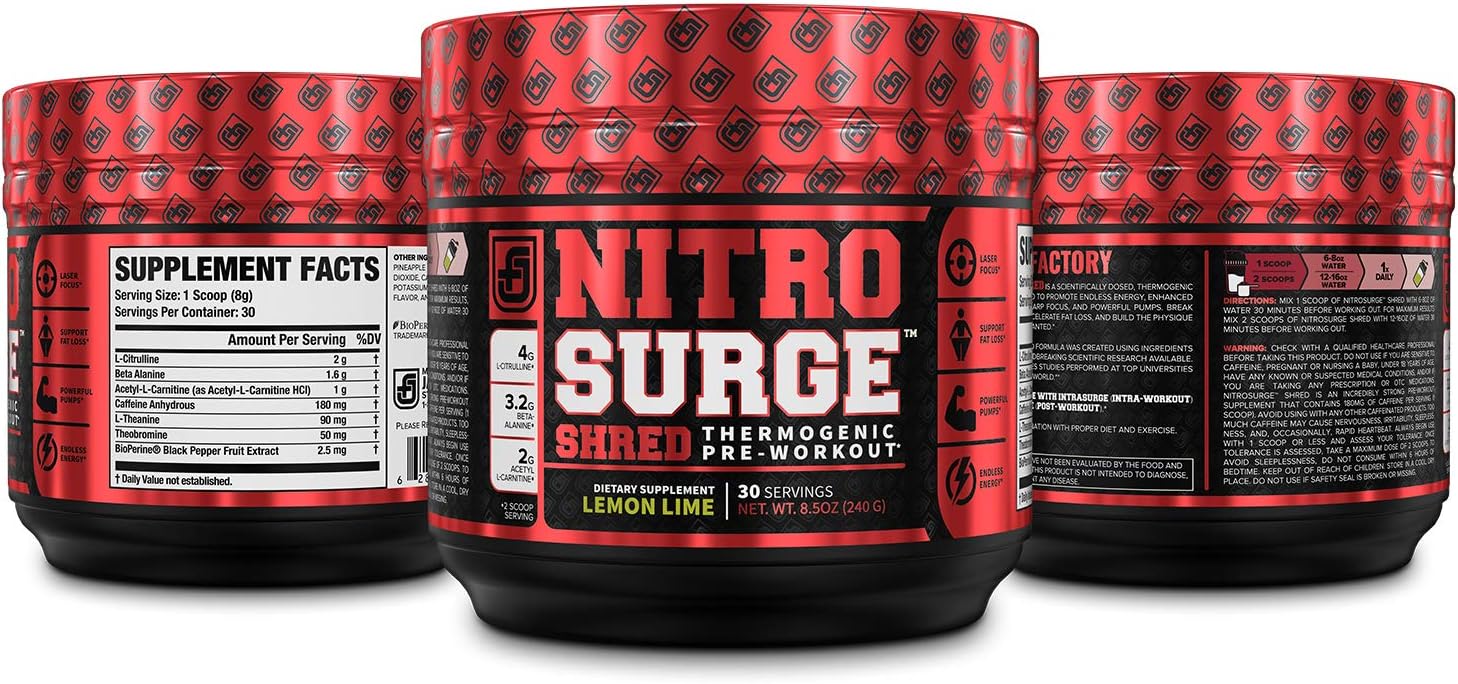 NITROSURGE Shred Pre Workout Supplement - Energy Booster, Instant Strength Gains, Sharp Focus, Powerful Pumps - Nitric Oxide Booster & PreWorkout Powder - 30Sv, Lemon Lime: Health & Personal Care