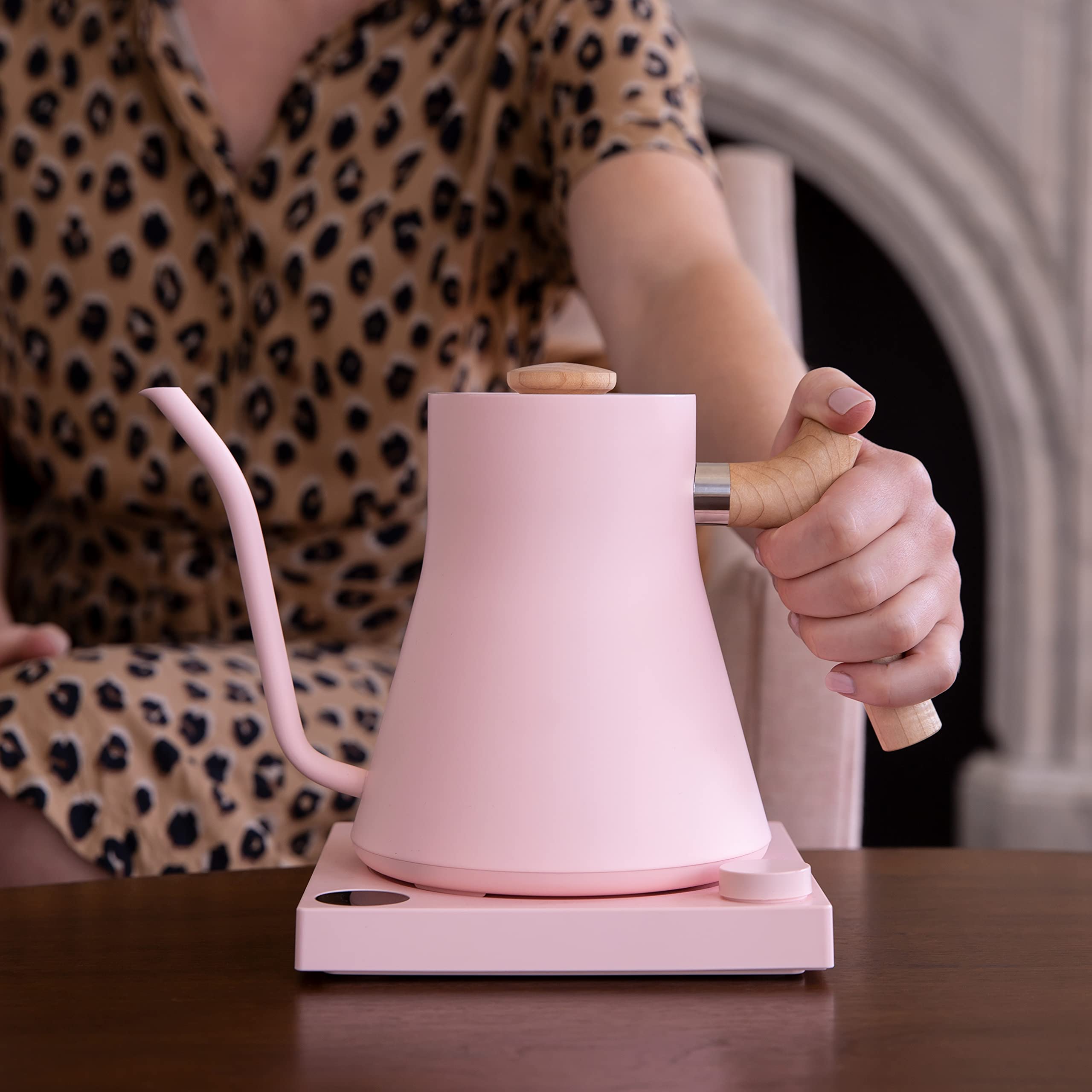 Fellow Stagg EKG Electric Gooseneck Kettle - Pour-Over Coffee and Tea Kettle - Stainless Steel Water Boiler - Quick Heating Electric Kettles for Boiling Water - Warm Pink With Maple Handle