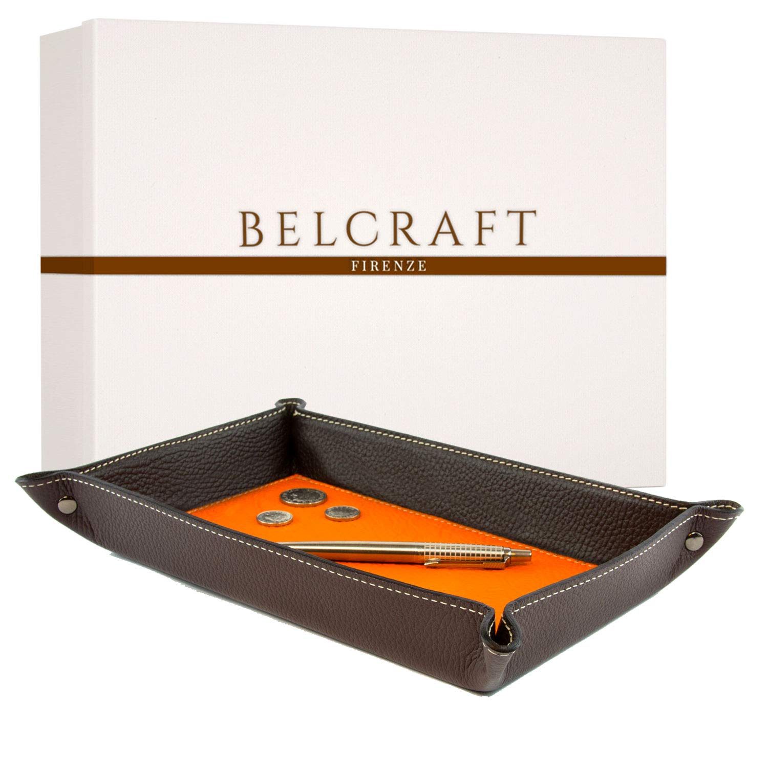 BELCRAFT Luni Large Leather Tidy Tray, Handmade Classic Italian Style, Key Wallet, Coin Box, Dark Brown (28x19 cm)