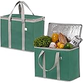 VENO 2 Pack Cooler Bag and Insulated Grocery Bags for Food Delivery, Collapsible Cooler, Reusable Shopping Bags for Groceries with Zipper, Foldable, Heavy-Duty, Stands Upright (Green, 2 Pack)