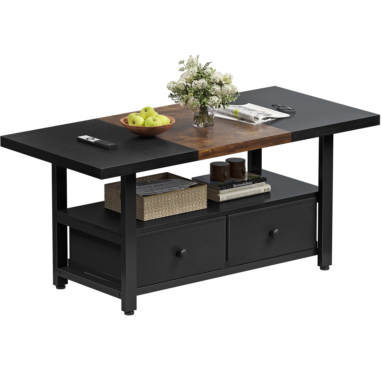 FABATO 2-Tier Coffee Table with Storage Shelf and 2 Drawers, 46” Rectangular Center Table Wood Top for Living Room Reception Room, Metal Frame, Easy Assembly, Black