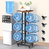 5 Gallon Water Jug Holder,3 Tier Foldable Heavy Duty Water Jug Stand Water Bottle Holder Organizer with Lockable Casters Water Dispenser Stand Rack with Removable Wood Top Shelf for 6 Bottles，Brown