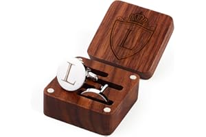 PROPHET CLUE PC Mens Initial Silver Cufflinks A-Z Alphabet Letter Steel Cuff Links with Engraved Walnut Wood Box Groom Groomsman Wedding Set…