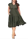 Moon Wood Womens Plus Size V Neck Ruffle Midi Dress