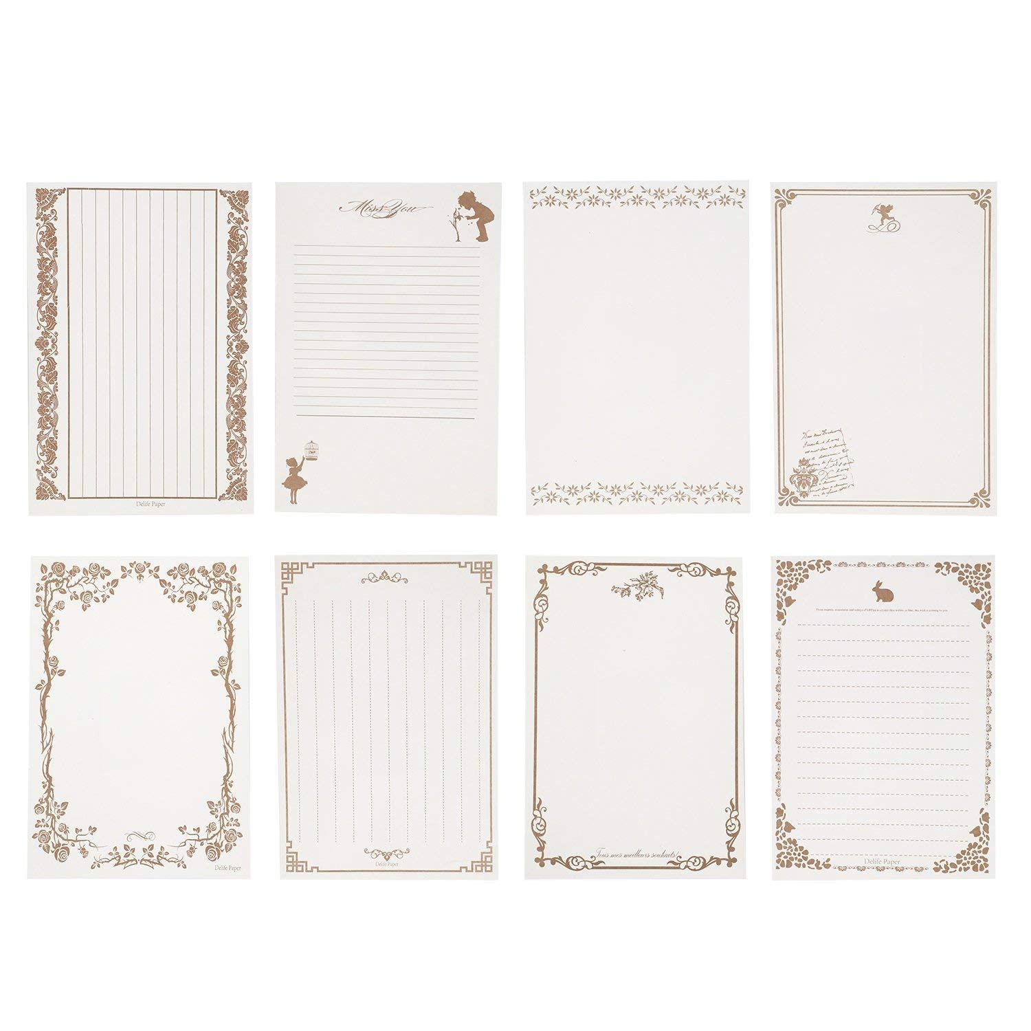 80 Sheets Vintage Letter Paper Writing Stationery Paper 8 Assorted Patterns Retro Kraft Paper A5 Stationery Paper with Lined and Blank Writing Set 5.7*8.2“ Letterhead for Calligraphy Drawing Sketching