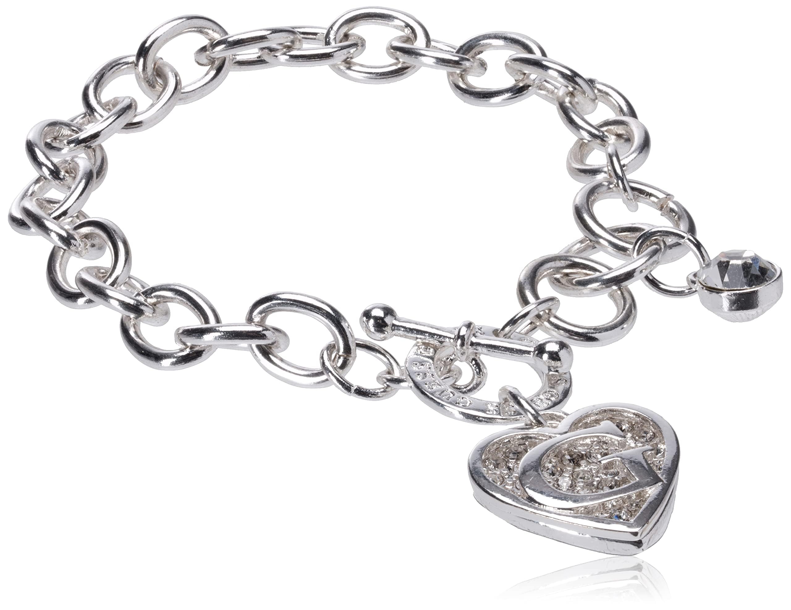 Pulsera con dije de logo de corazón Guess, plata/cristal