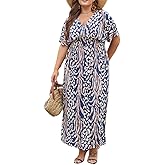 OSTOO Women's Plus Size Hawaii Empire Waist Bat Short Sleeve Casual Floral Print Boho Maxi Dress
