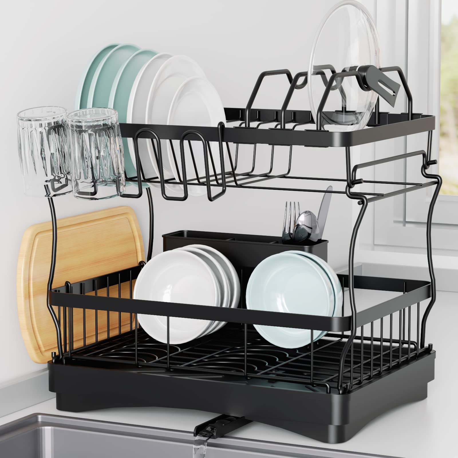 thumbnail interactive-video image 1 of Nex Expandable Stainless Steel Dish Drying Rack – Over The Sink, 1/2/3 Tier With Cutlery Holder 1 of 6