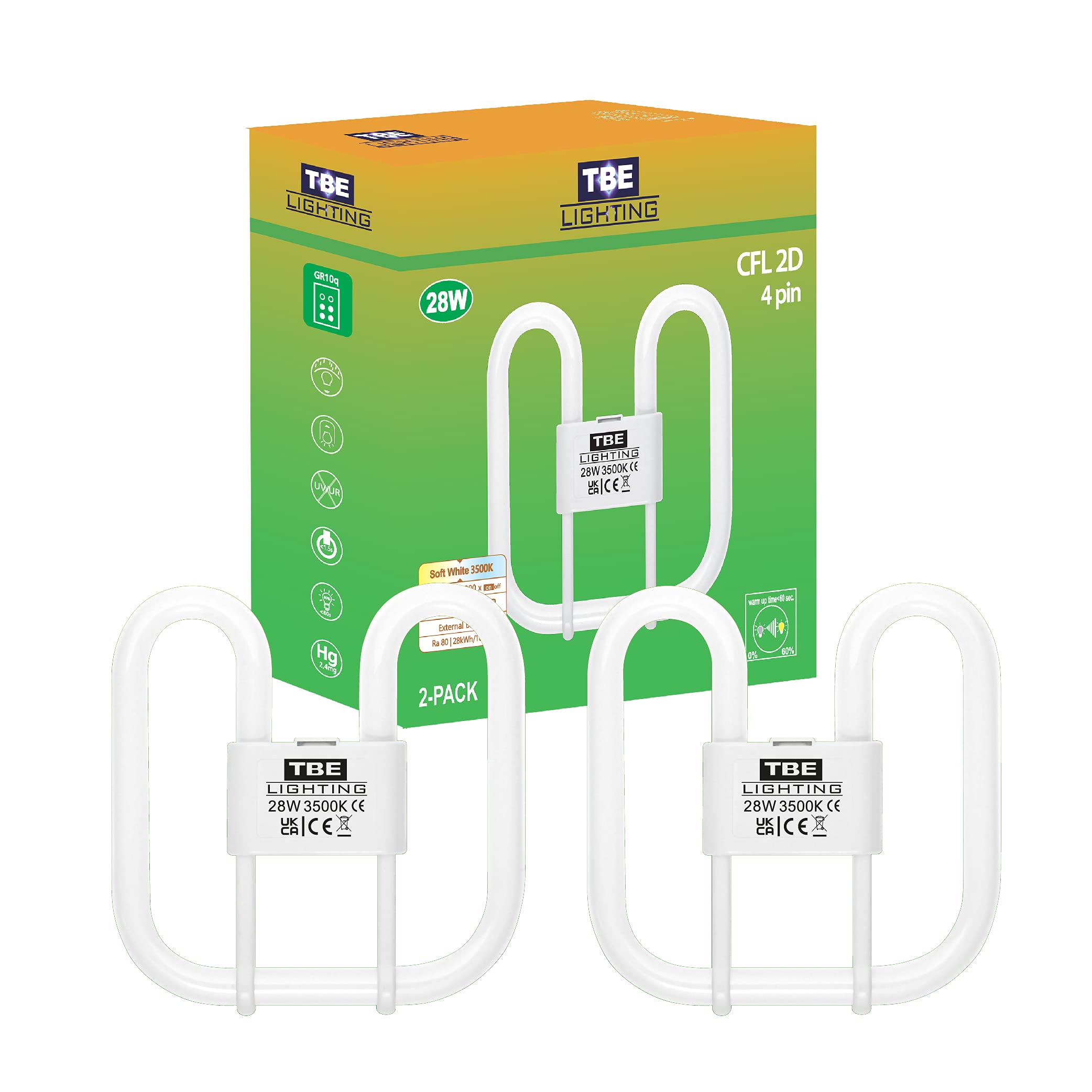TBE LIGHTING 28w 2D 4-PIN CFL Energy Saving Lamps - DD Fluorescent Bulbs - 4-Pin GR10q Base Fittings - Long Life Lamp, Soft White 3500K (2-Pack)