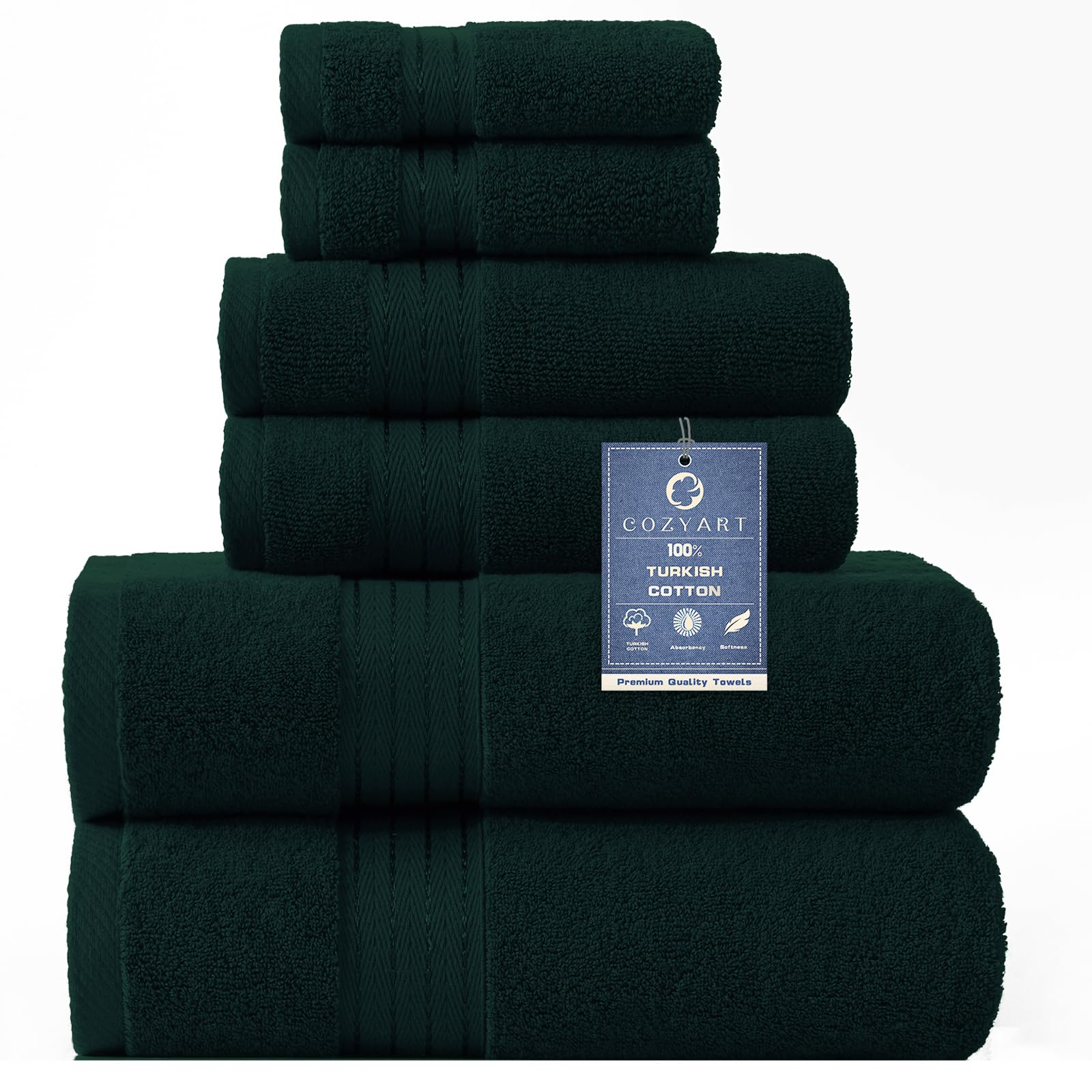 Photo 1 of COZYART Deep Forest Green Bath Towel Set, Cotton Towel for Bathroom, Thick Soft Absorbent Bathroom Set of 6 with 2 Bath Towels, 2 Hand Towels, 2 Washcloths, 650 GSM