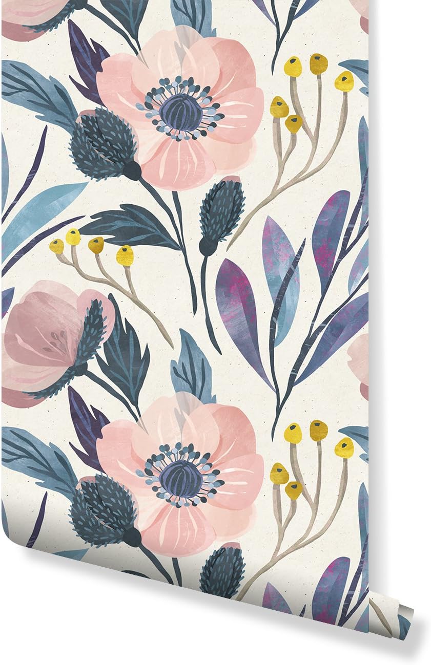 Temporary Self Adhesive Wallpaper with watercolor floral pattern on paper texture, great for Bedroom & Living Room wall decor, Peel and stick application CC005 (24'' x 96'')
