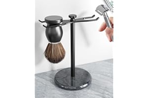 pickpiff Safety Razor Stand with Brush Holder, Marble Base with Black Metal Holder Heavy Duty, Extra Wide Openings, Fits Most Brushes and All Kinds Of Razors