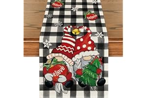 Artoid Mode Buffalo Plaid Gnome Bell Xmas Tree Christmas Table Runner, Seasonal Winter Kitchen Dining Table Decoration for Home Party Decor 13x72 Inch