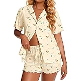 Ekouaer Viscose from Bamboo Women Pajama Sets Button Up Cooling Pjs Short Sleeve Ruffle Sleepwear 2 Piece Lounge Shorts Set
