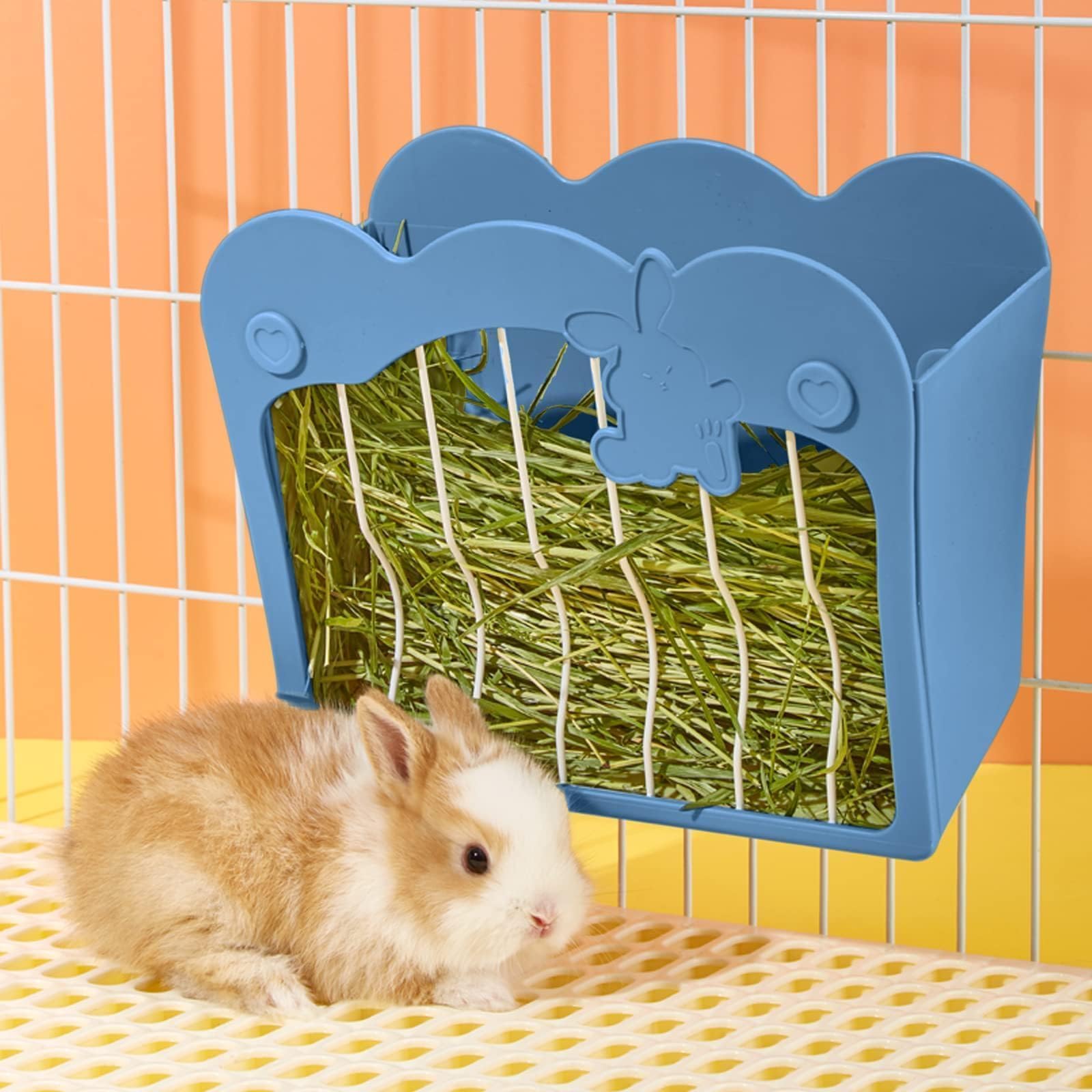 Rabbit Hay Feeder, Hanging Feeding Hay Rack for Small Animals, Dwarf Rabbit, Guinea Pig (Blue)