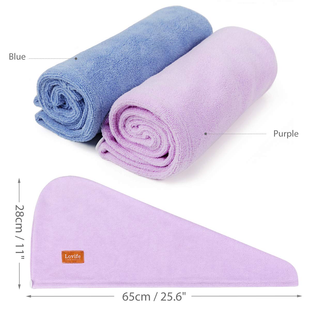 Lovife Microfiber Hair Towel Wrap 2 Pack Quick Drying Towels Hair Drying Turban Towel with Button Absorbent Cap for Long & Curly Hair Anti-Frizz