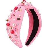 CURASA Valentine's Day Headband For Women Girls Hot Pink Pearl Rhinestone Hairband Love Heart Knotted Headbands Crystal Jeweled Wide Top Knot Headpiece Valentines Hair Accessories Party Holiday Gifts