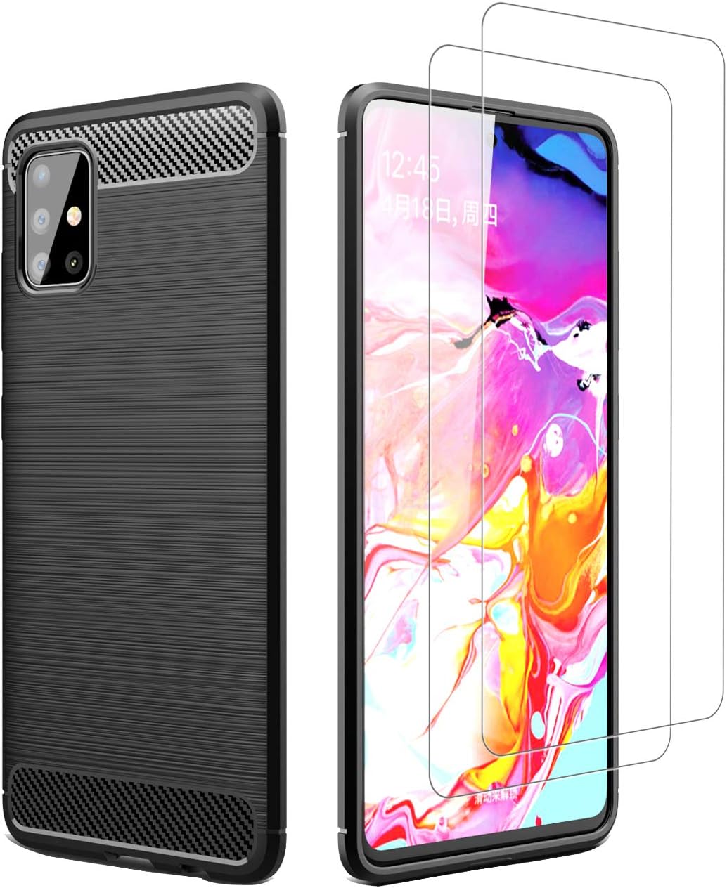 Avesfer for Samsung Galaxy A51 Case 4G (Not Fit A51 5G) with Screen Protector Tempered Glass Lightweight Shock Absorbing Resilient TPU Cover Anti Impact Scratch Resistant Carbon Fiber (Black)
