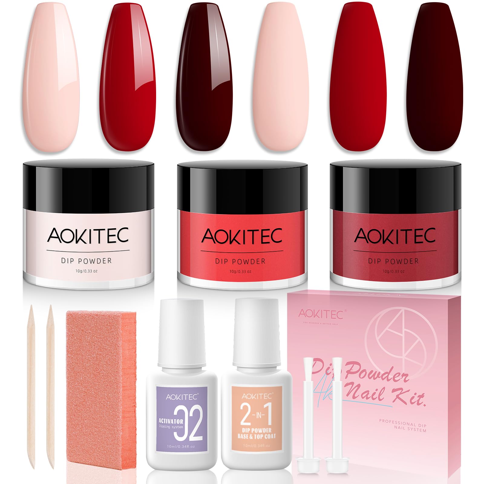 Aokitec 3 Colours Dip Powder Nail Kit - 11 PCS Pink Red Nail Dipping Powder Kit with 2-in-1 Dip Base & Top Coat Activator Basic Nail Tools for French Manicure Nail Art Starters